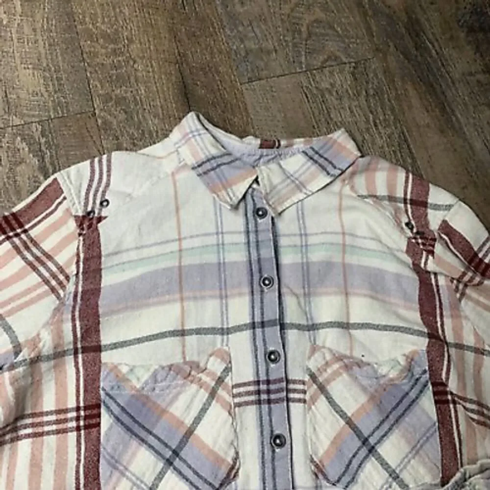 Free People Shirt Womens XS‎ White Plaid Linen Blend Snap Long Sleeves Pockets